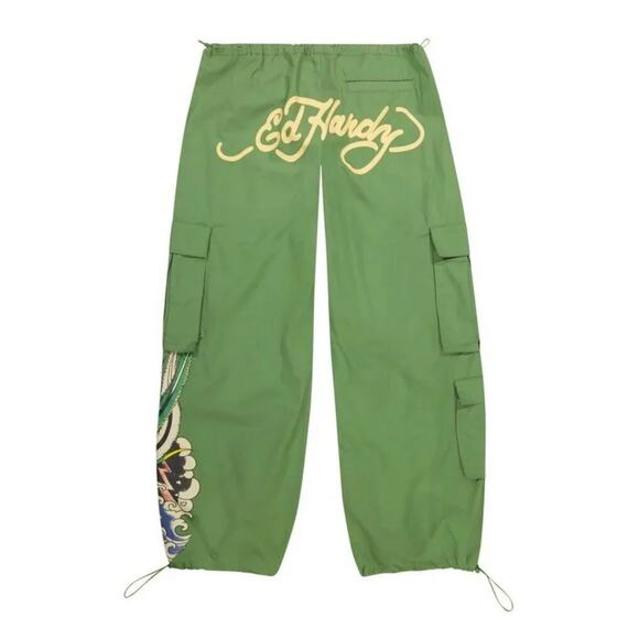 Ed Hardy Women's Cotton Peacock Poplin Wide Lego Khaki Cargo Pant Women’s XL - Picture 2 of 11